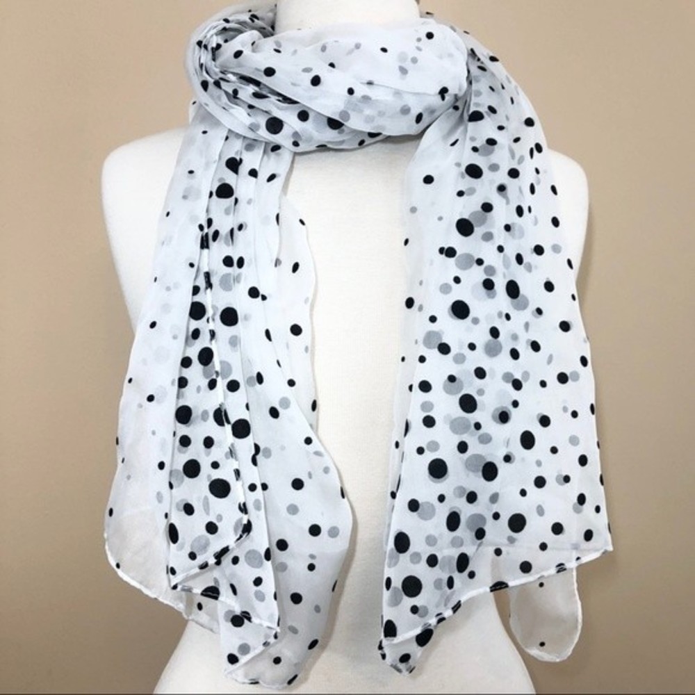 White & Black Polka Dots Sheer Wide Wrap Scarf
